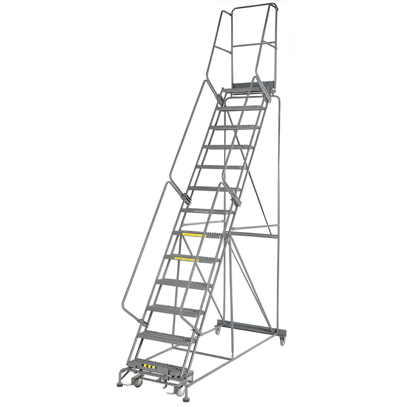 Mobile metal rolling ladder with safety rails and platform steps.