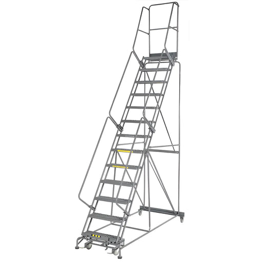 Mobile metal rolling ladder with safety rails and platform steps.