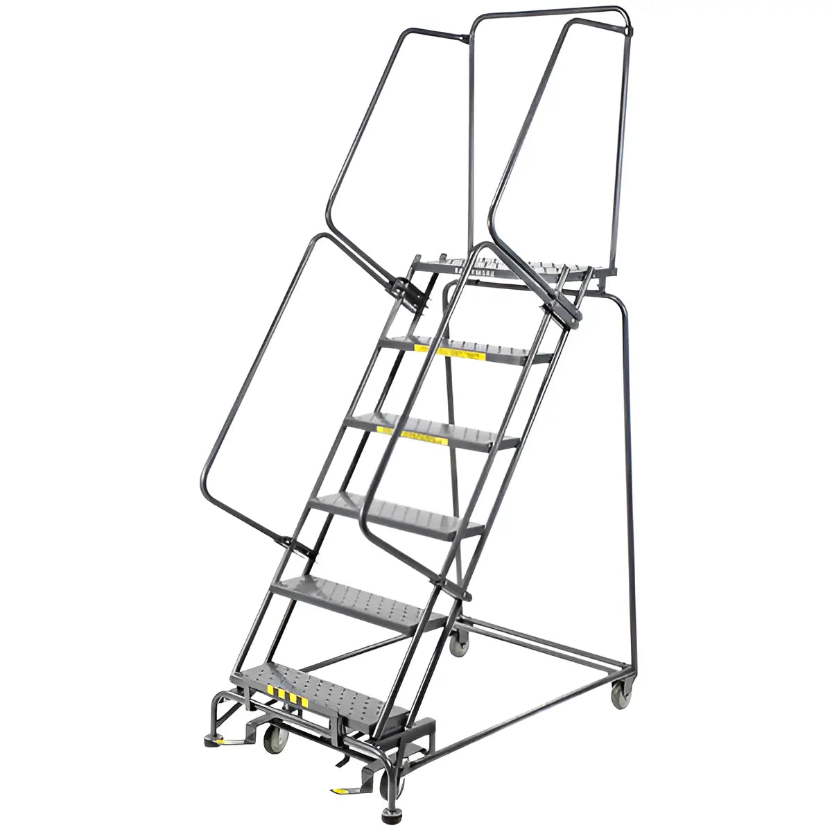Mobile rolling safety ladder with platform, handrails, and steps.