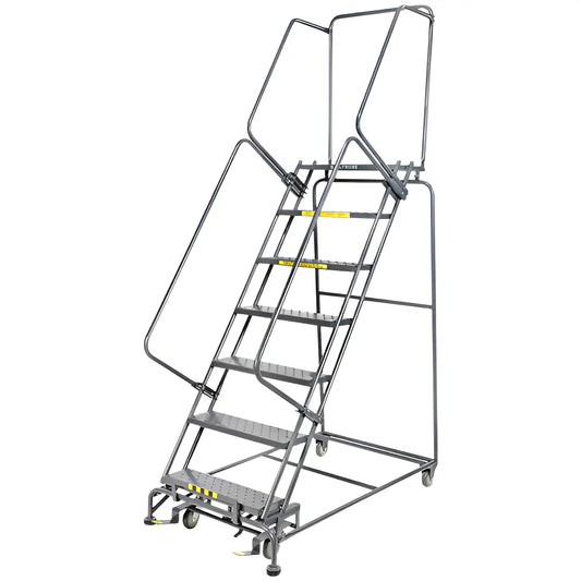 Mobile rolling safety ladder with platform, handrails, and steps.