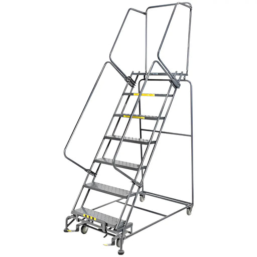 Mobile rolling safety ladder with platform, handrails, and steps.