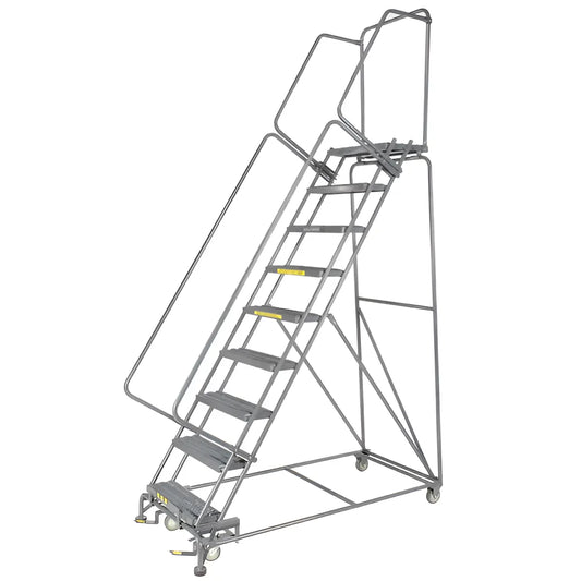 Rolling safety ladder with platform, handrails, and steps.
