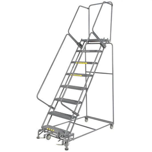 Mobile rolling safety ladder with platform, handrails, and steps.