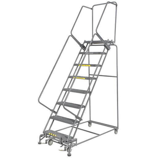 Mobile rolling safety ladder with platform, handrails, and steps.