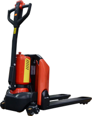 Electric pallet jack with red and black body for material handling.