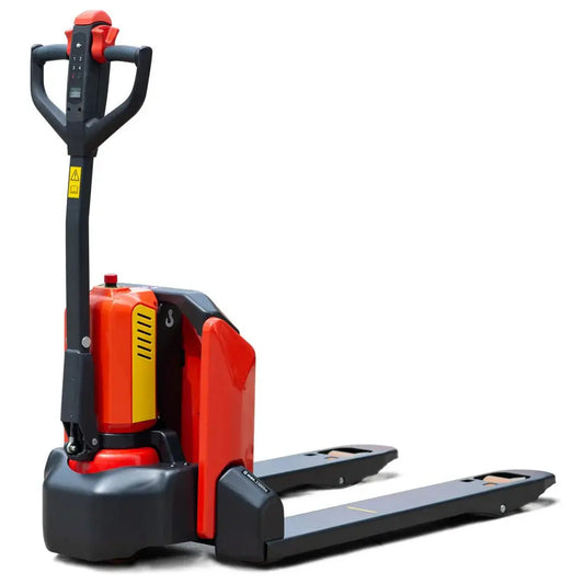 Electric pallet jack with red and black body for material handling.