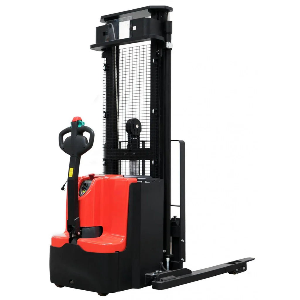 Electric  straddle stacker with orange and black body for warehouse use.