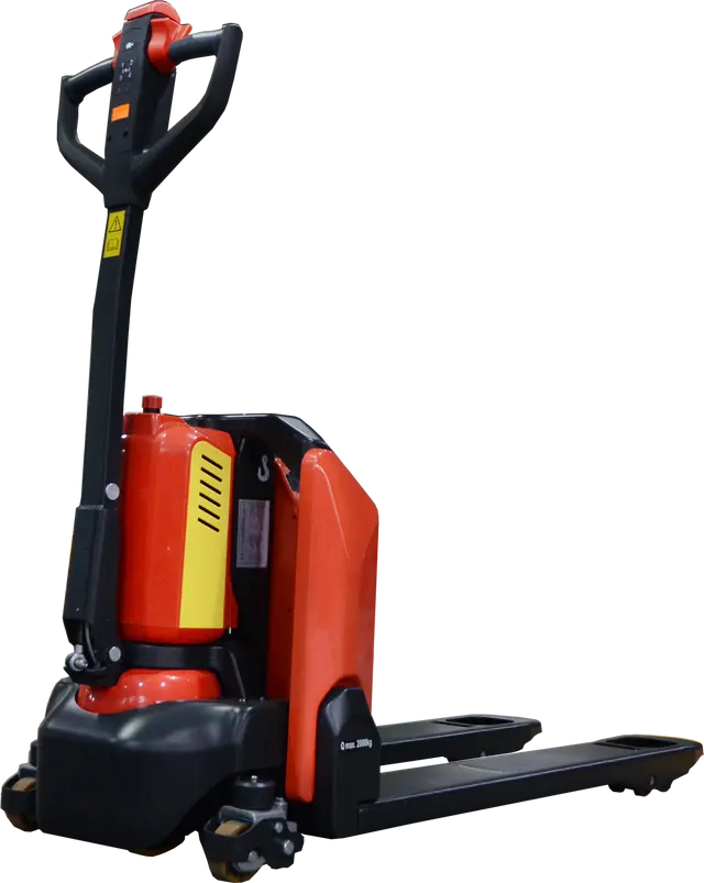 Battery powered pallet jack with ergonomic handle and red-black color scheme.