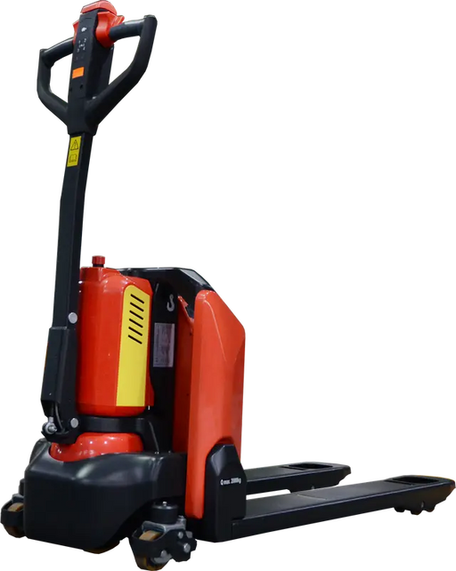 Battery powered pallet jack with ergonomic handle and red-black color scheme.