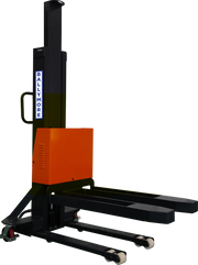 Self-lifting stacker with orange and black body for warehouse use.