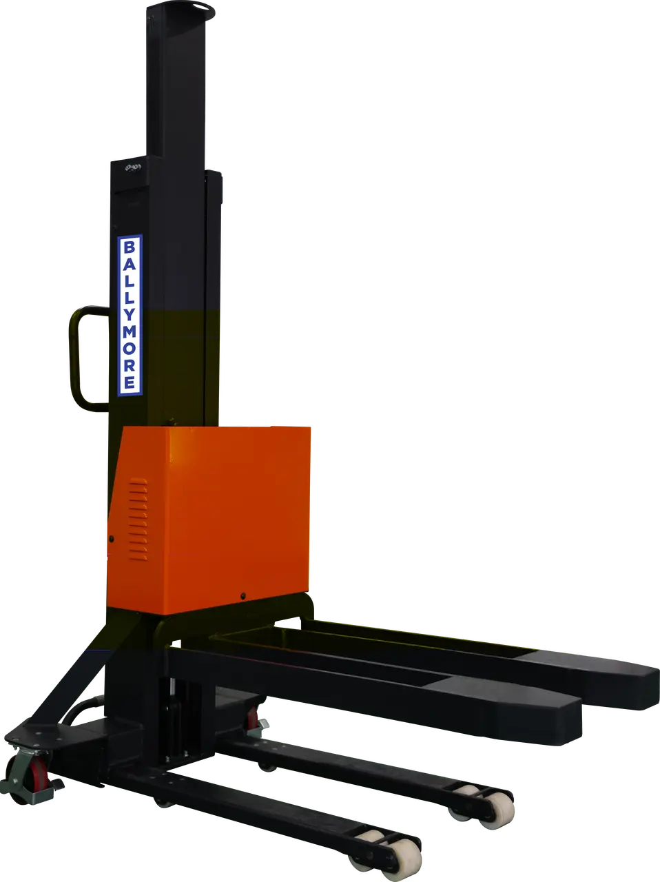 Self-lifting stacker with orange and black body for warehouse use.