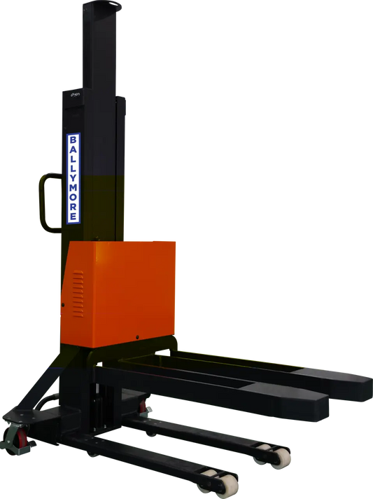 Self-lifting stacker with orange and black body for warehouse use.