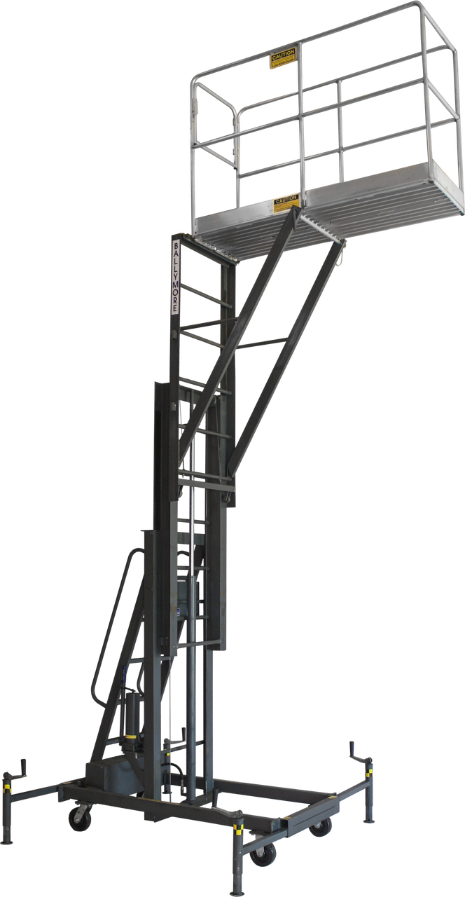 Elevated black mobile work platform with safety rails and support structure.