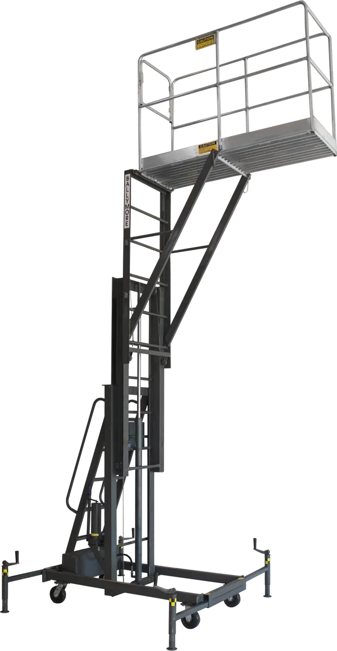Elevated black mobile work platform with safety rails and support structure.
