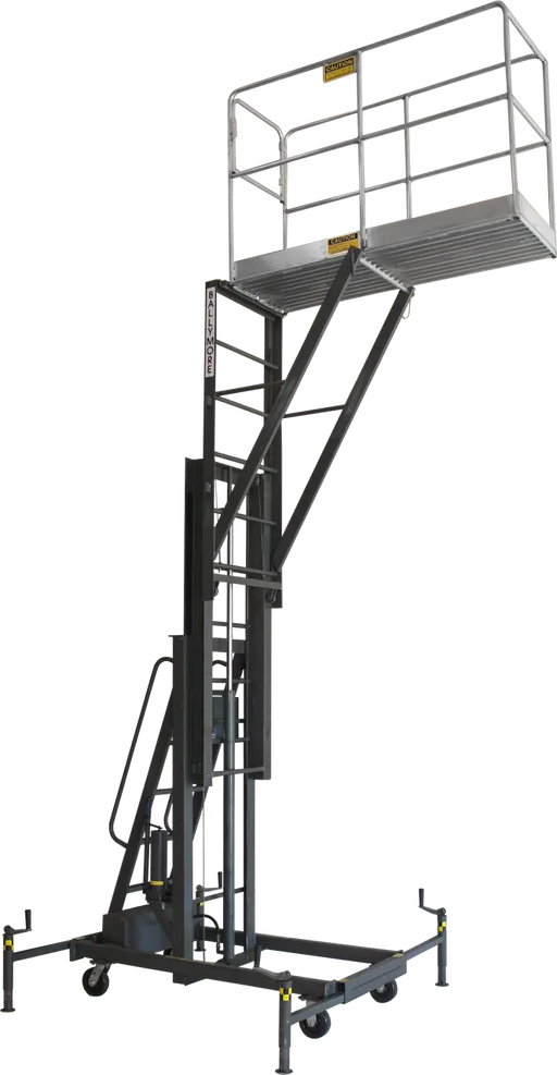 Elevated black mobile work platform with safety rails and support structure.