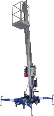 Fully extended blue aerial lift with outriggers and safety platform.