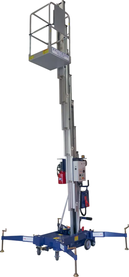 Fully extended blue aerial lift with outriggers and safety platform.