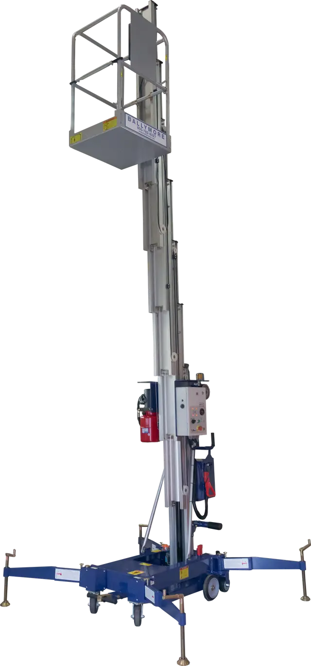 Fully extended blue aerial lift with outriggers and safety platform.