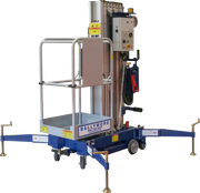 Blue aerial lift labeled Ballymore with outriggers and safety platform.