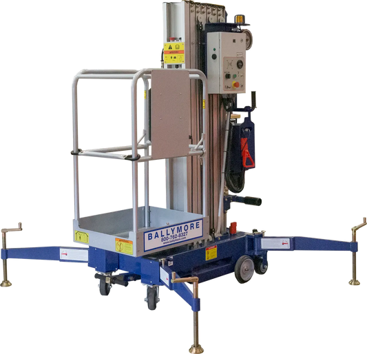 Blue aerial lift labeled Ballymore with outriggers and safety platform.