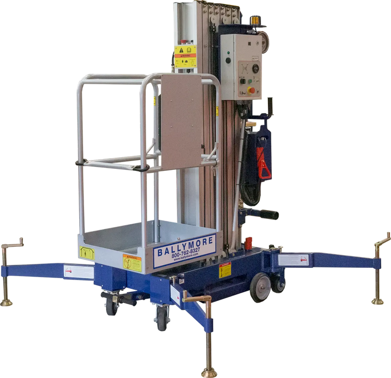 Blue aerial lift labeled Ballymore with outriggers and safety platform.