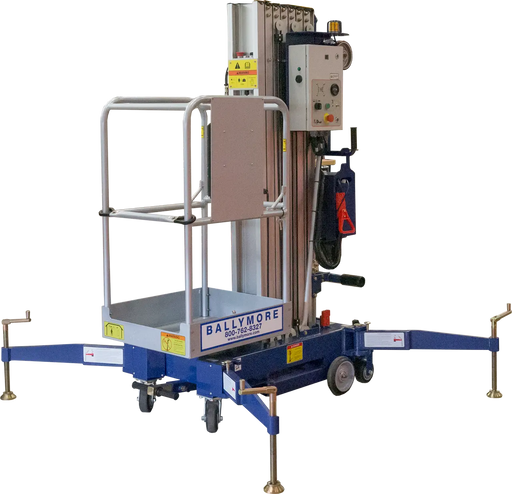 Blue aerial lift labeled Ballymore with outriggers and safety platform.