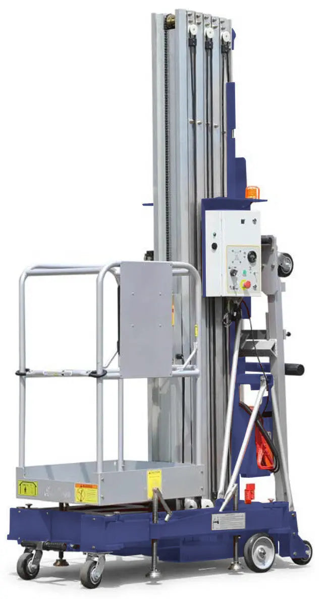 Blue aerial lift with control panel, safety platform, and stabilizers.