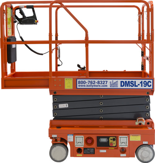 Orange scissor lift labeled DMSL-19C with controls and safety rails.