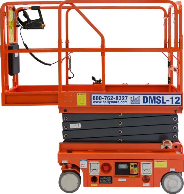 Compact orange scissor lift labeled DMSL-12 with safety rails and wheels.