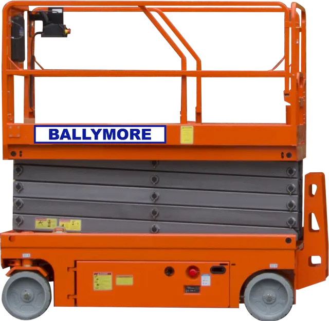 Orange scissor lift labeled Ballymore with safety rails and compact design.