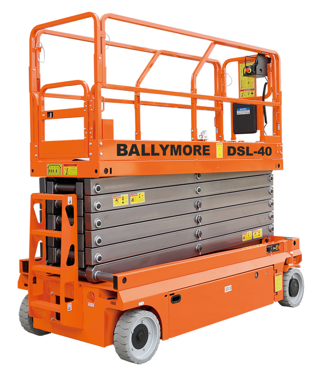 ompact orange scissor lift labeled DSL-40 with safety rails and wheels.