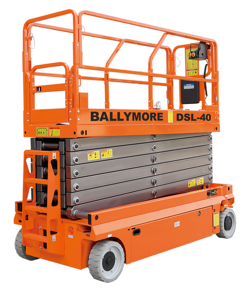 ompact orange scissor lift labeled DSL-40 with safety rails and wheels.