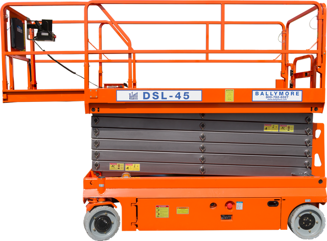 Large orange scissor lift labeled DSL-45 with extended platform and safety rails.