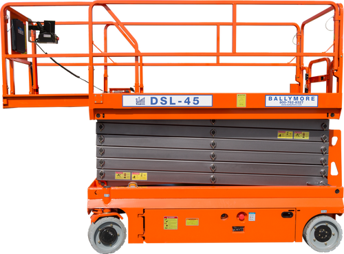 Large orange scissor lift labeled DSL-45 with extended platform and safety rails.