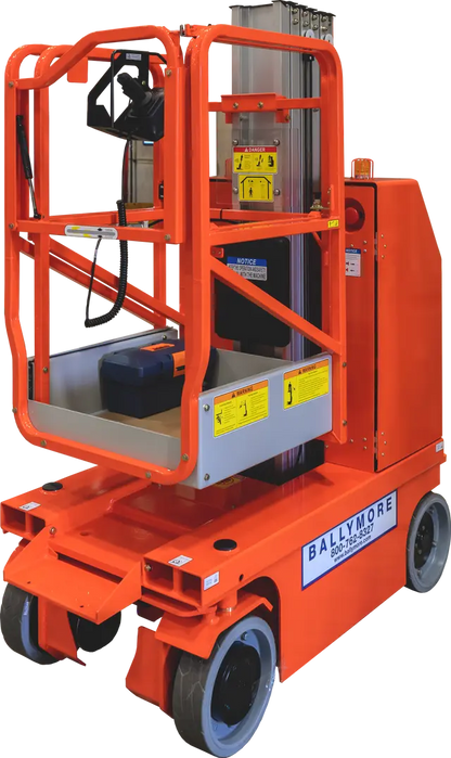 Compact orange vertical mast lift labeled Ballymore with safety rails and wheels.