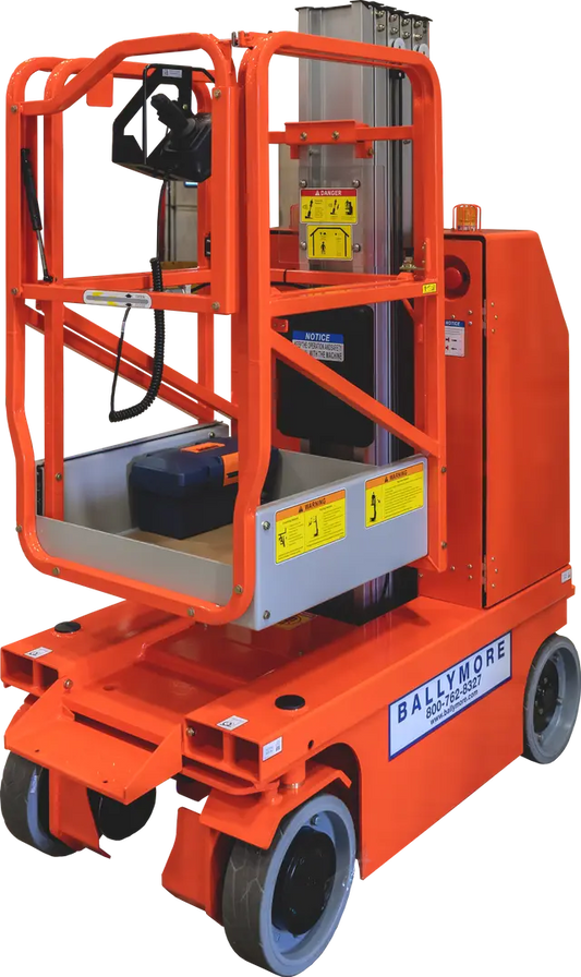 Compact orange vertical mast lift labeled Ballymore with safety rails and wheels.