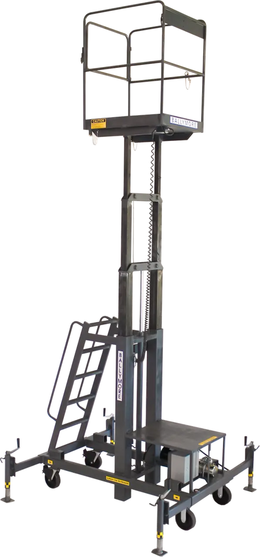 Elevated black mobile work platform with safety rails and support structure.