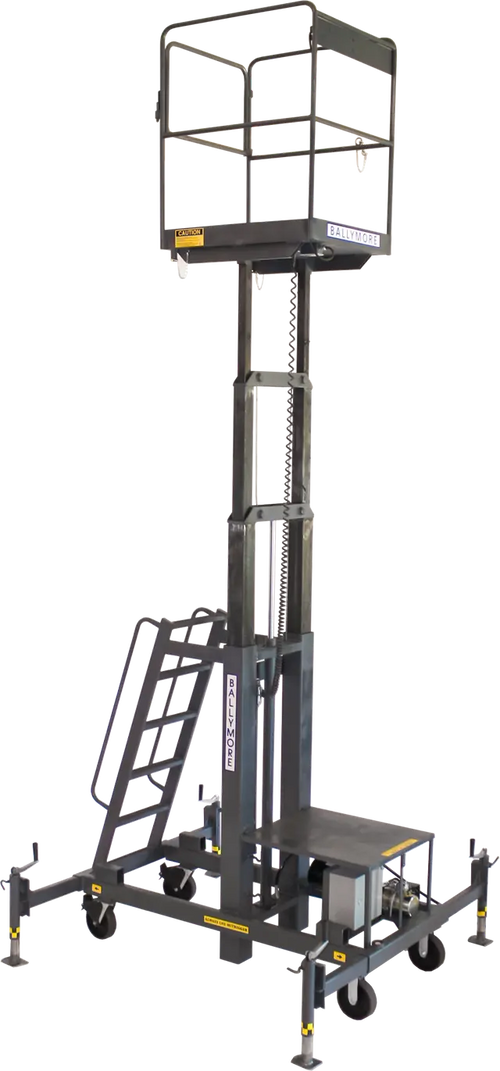 Elevated black mobile work platform with safety rails and support structure.