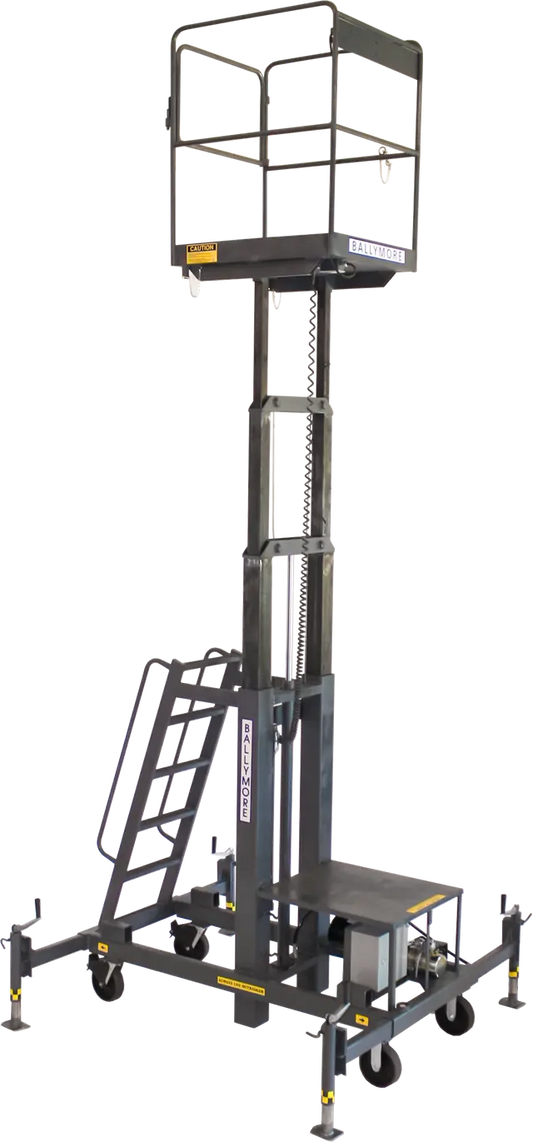 Elevated black mobile work platform with safety rails and support structure.