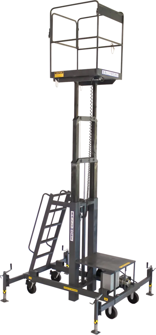 Elevated black mobile work platform with safety rails and support structure.