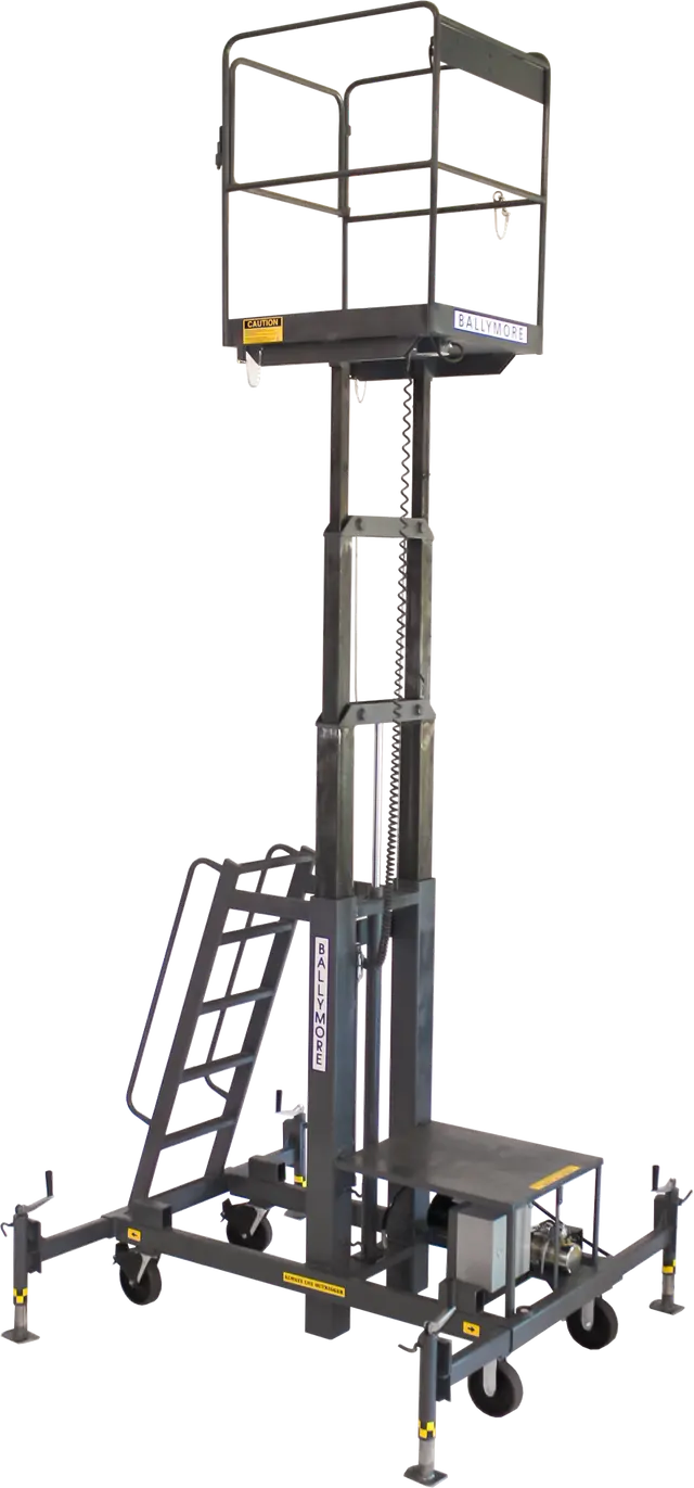 Elevated black mobile work platform with safety rails and support structure.