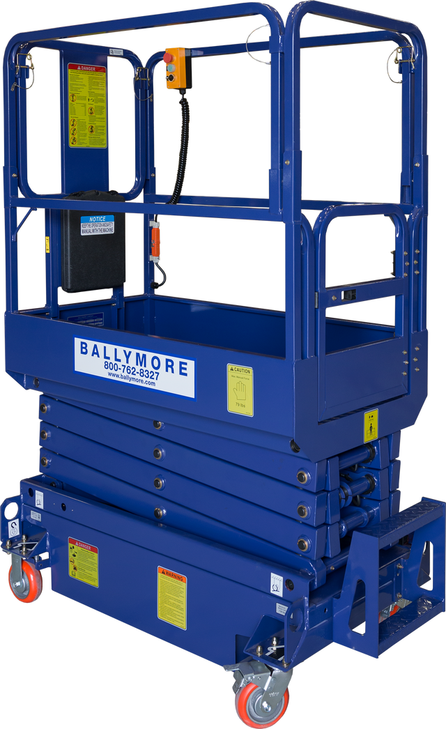 Blue scissor lift with safety rails and caster wheels, labeled Ballymore.