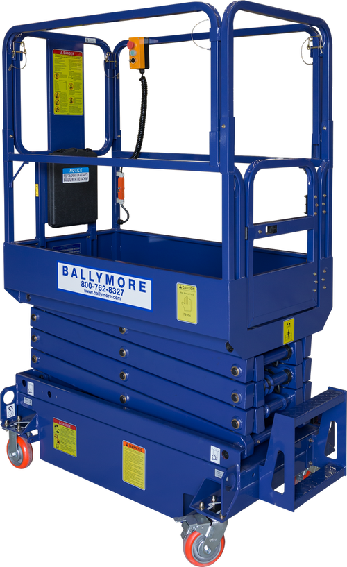 Blue scissor lift with safety rails and caster wheels, labeled Ballymore.