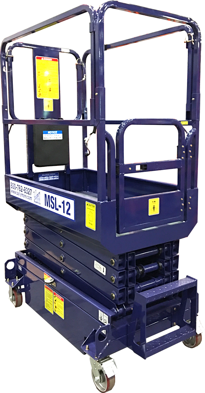 Blue mobile scissor lift labeled MSL-12 with safety rails and caster wheels.