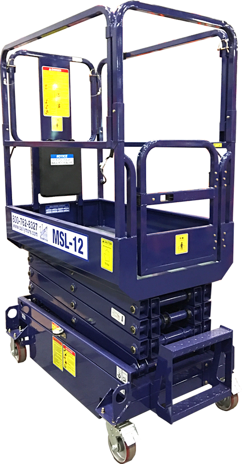Blue mobile scissor lift labeled MSL-12 with safety rails and caster wheels.