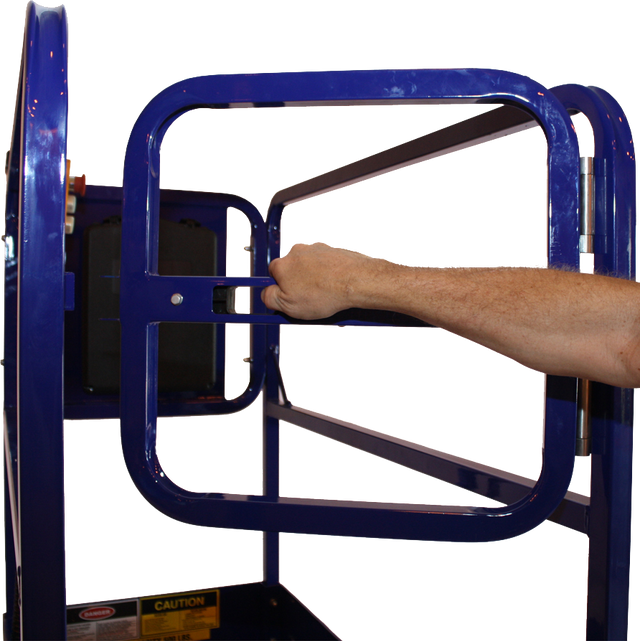 Person operating the safety gate of a blue scissor lift platform.