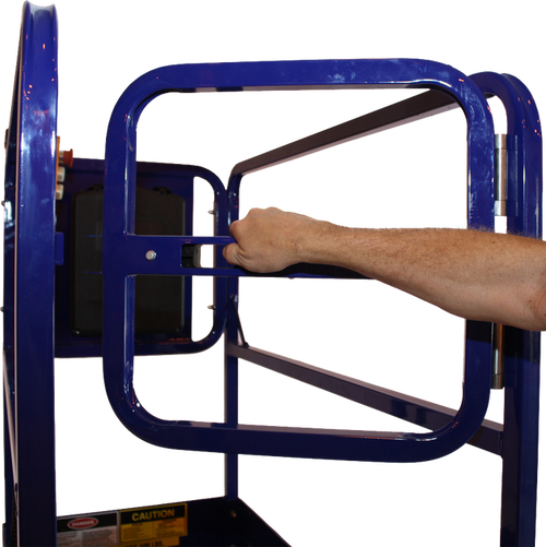 Person operating the safety gate of a blue scissor lift platform.
