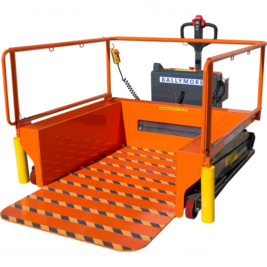 Orange mobile platform with safety rails and ramp for accessibility.