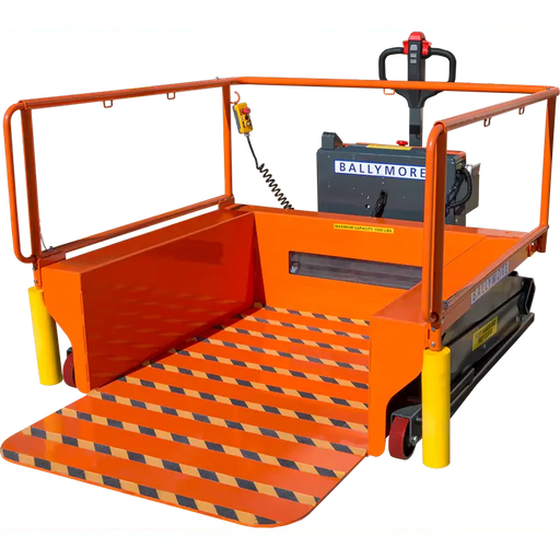 Orange mobile platform with safety rails and ramp for accessibility.