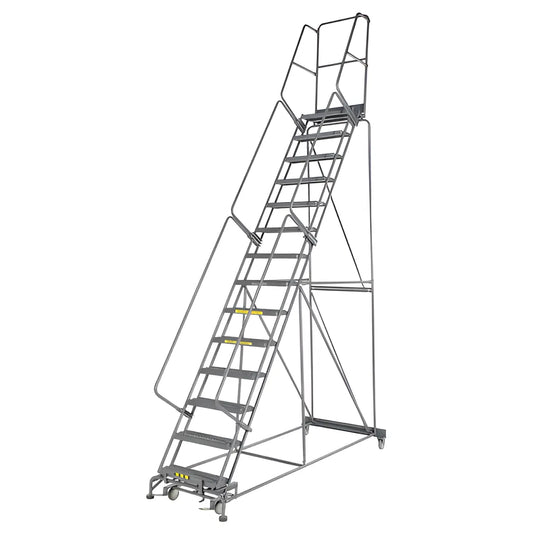 Mobile metal rolling ladder with safety rails and platform steps.